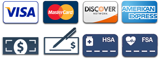 VISA, MasterCard, Discover, AMEX Cash, Check, HSA, FSA